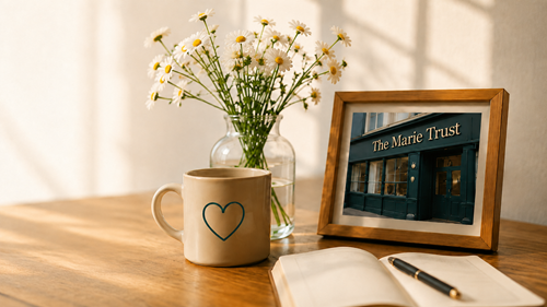 A mug with a heart, daisies and a framed photo of The Marie Trust building on a sunlit table